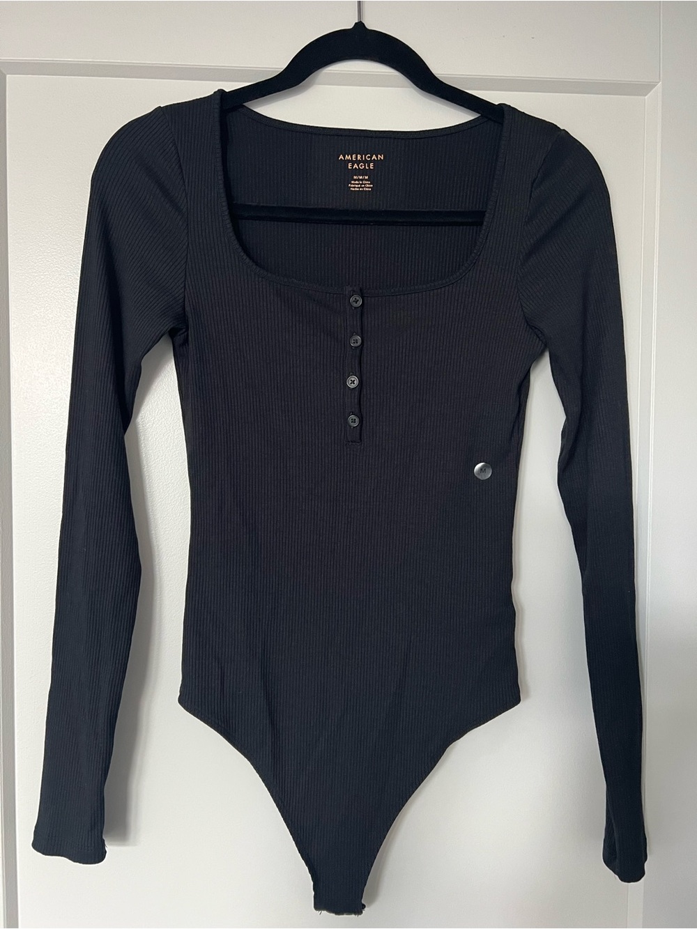 American Eagle Outfitters Black Ribbed Long-Sleeve Henley Bodysuit